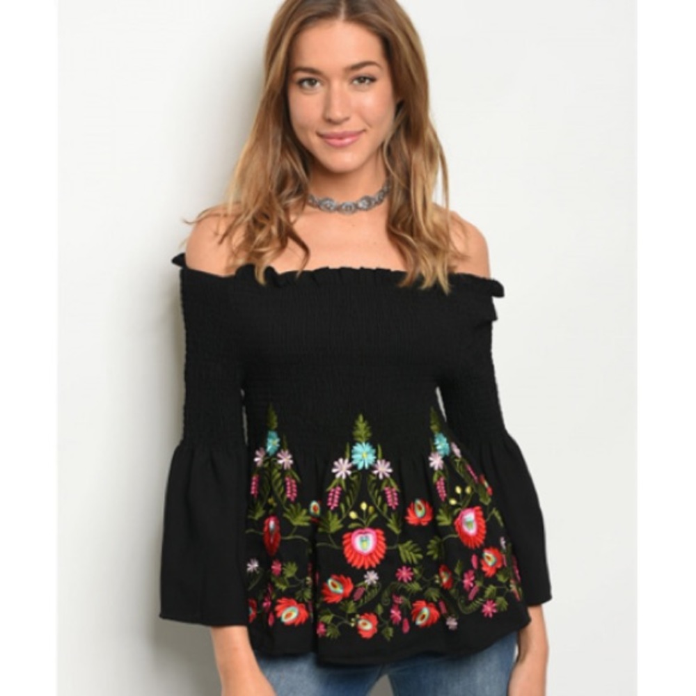 Embroidered Black Off the Shoulder Top Bell Sleeve